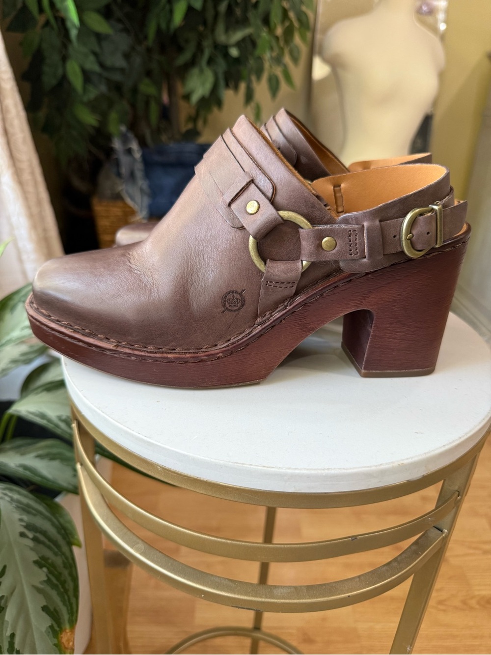 BORN Hudson Women’s 9M Brown Leather Platform Slingback Clogs Chunky Heel - Picture 4 of 16